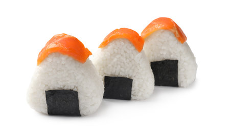 Tasty salmon onigiri (Japanese rice balls) isolated on whiteの写真素材