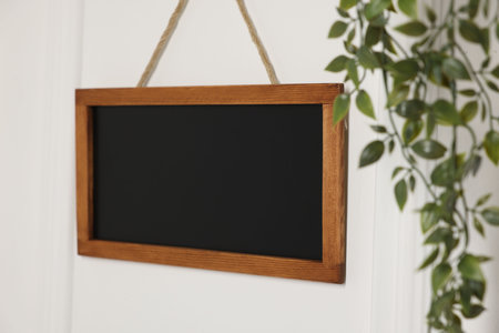 Blank small blackboard and green houseplant on white wall