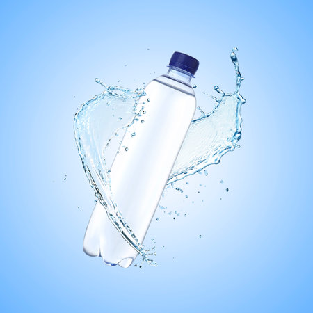 Bottle of water and splashes in air on light blue backgroundの写真素材