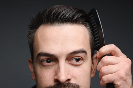 Handsome man combing his hair on dark background, closeupの写真素材