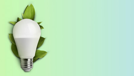 Concepts of eco-friendly environment and saving energy. Light bulb with fresh leaves on color...