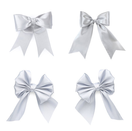 Beautiful silver bows on white background, collageの写真素材