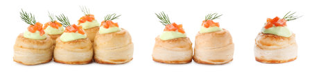Different puff pastry with salmon isolated on white, setの写真素材