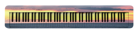 Synthesizer on white background. Double exposure of seascape during sunset and musical instrumentの写真素材