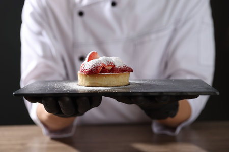 Confectioner with tasty tart at table against black background, closeupの写真素材