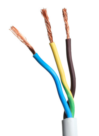 Stripped electrical wire with copper strands isolated on white