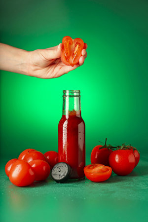 Woman squeezing tomato into bottle of ketchup on green background, closeupの写真素材