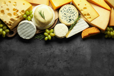 Different types of cheese, rosemary and grapes on dark textured table, flat lay. Space for textの写真素材
