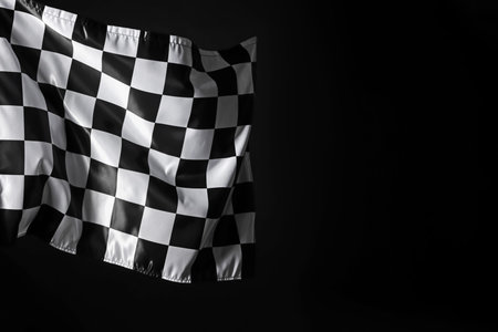 One racing checkered flag on black background, space for text