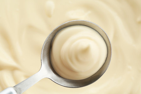 Spoon with delicious mayonnaise sauce, top viewの写真素材