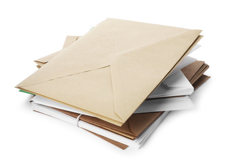 Stack of different paper envelopes on white background. Post officeの写真素材