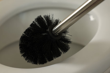 Cleaning toilet bowl with black brush, closeupの写真素材