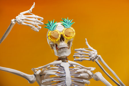 Artificial human skeleton model with sunglasses on orange backgroundの写真素材