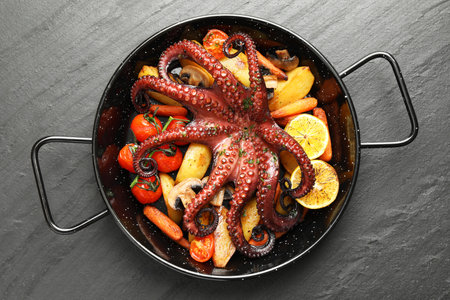 Fried octopus with lemon, mushrooms and vegetables on grey textured table, top viewの写真素材