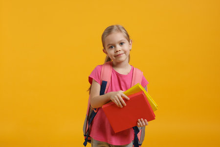 Cute little schoolgirl with backpack and books on orange backgroundの写真素材