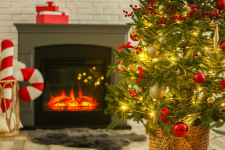 Beautiful decorated Christmas tree near fireplace at home, closeup. Bokeh effectの写真素材