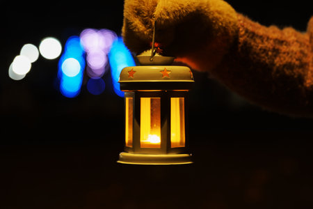Woman holding Christmas lantern with burning candle in darkness, closeup and space for text. Bokeh effectの写真素材