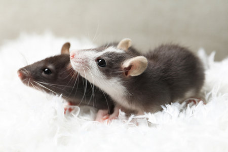 Adorable little rats on white feathers, closeupの写真素材