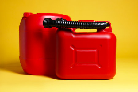 Two red plastic canisters on yellow backgroundの写真素材