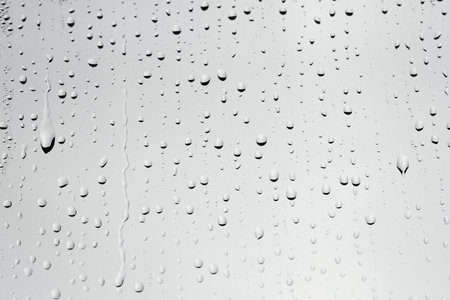 Water drops on light grey glass surface, closeupの写真素材