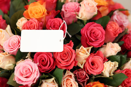 Bouquet of beautiful roses with blank card, closeupの写真素材