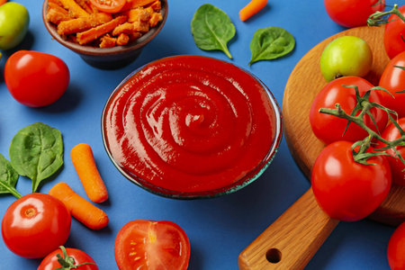 Tasty ketchup and vegetables on blue background, closeupの写真素材