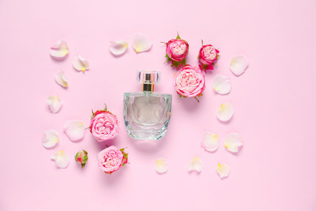 Bottle of perfume and beautiful flowers on pink background, flat lay