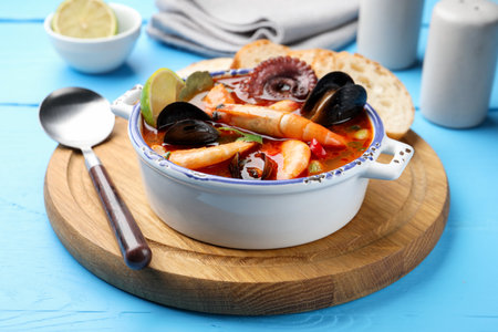 Delicious seafood soup in bowl on blue wooden table, closeupの写真素材
