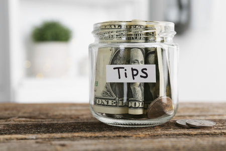 Glass jar with tips on wooden table indoors, closeup. Space for textの写真素材