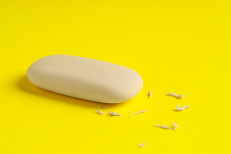 One eraser and scraps on yellow background, closeupの写真素材