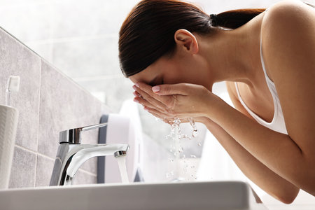 Woman washing her face over sink in bathroom, low angle viewの写真素材