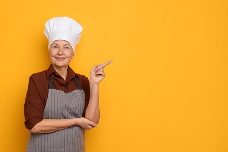 Professional confectioner pointing at something on orange background. Space for textの写真素材