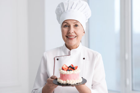 Professional pastry chef with cake in kitchenの写真素材
