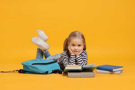 Cute schoolgirl with backpack reading books on yellow background