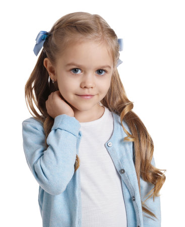 Cute little girl with beautiful hair accessory on white backgroundの写真素材