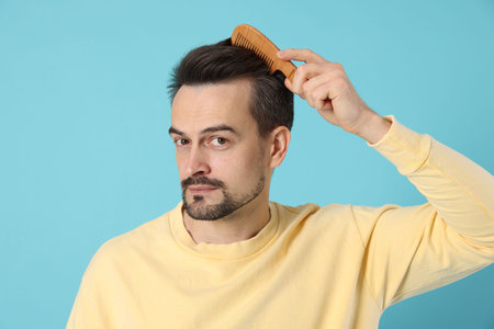 Handsome man stylish his hair with comb on light blue background