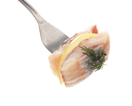 Pieces of herring with dill and lemon on fork against white backgroundの写真素材