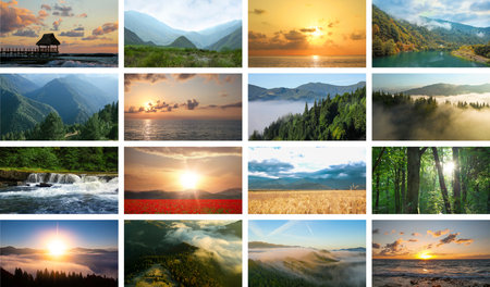 Picturesque nature pictures, collage. Many beautiful landscapes, banner designの写真素材
