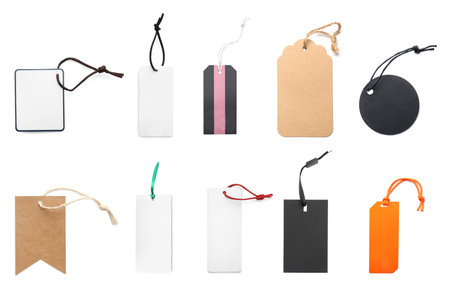 Many blank tags on white background, collage. Mockup for designの写真素材