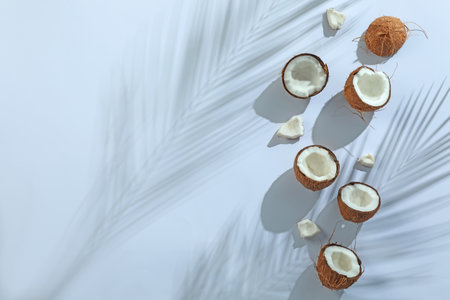 Fresh coconuts and shadow cast by tropical palm on light grey background, flat lay. Space for textの写真素材