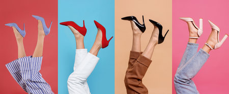 Women showing different shoes on colorful backgrounds, closeupの写真素材