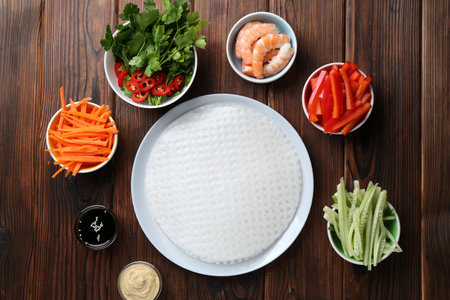 Edible rice paper sheets and ingredients on wooden table, flat layの写真素材