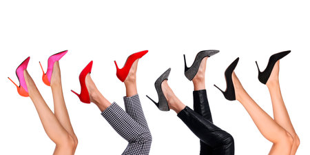 Women showing different shoes on white background, closeup. Collage of photosの写真素材