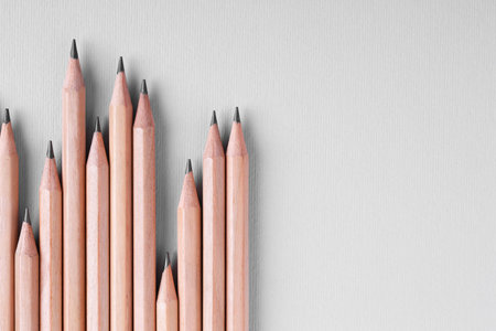 Many pencils on light grey background, top view. Space for textの写真素材