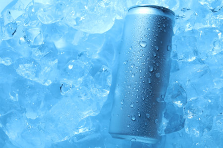 Refreshing drink in can on ice cubes, top view. Toned in blueの写真素材
