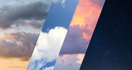 Beautiful sky at different times of day. Sunset, sunrise, night, morning