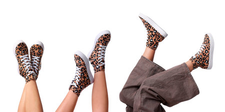 Woman showing shoes on white background, closeup. Collage of photos