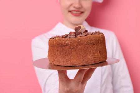 Confectioner in uniform holding delicious chocolate cake on pink background, closeup