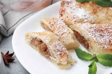 Tasty apple strudels with powdered sugar, mint and anise star on table, closeupの写真素材