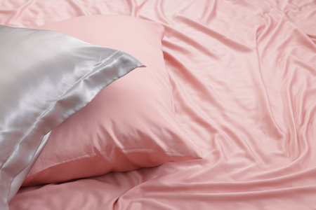 Beautiful pink silk linens on bed. Space for textの写真素材